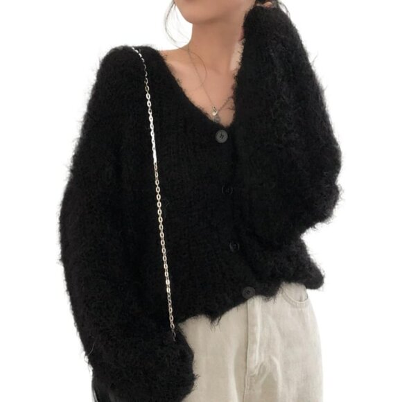 Sweaters - Women’s Faux Fur Mohair Cardigan Oversized Cropped Open Front Sweater